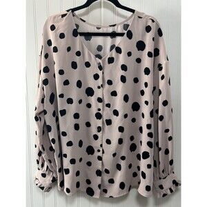 Pink Black Dot Button Up Oversized Round Neck Women’s Blouse XL